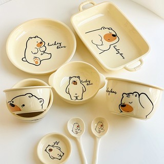 Bộ chén bát đĩa gốm sứ gấu bear - chén gốm ăn cơm họa tiết gấu dễ thương - bộ bát đĩa màu kem