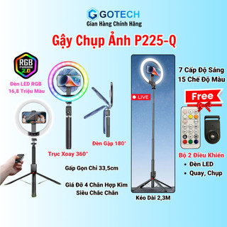 Cây Livestream Điện Thoại Có Đèn P225Q, Tripod Gậy Chụp Ảnh 4 Chân Kéo Dài Tới 2,3M Đèn LED RGB Siêu Sáng Tặng Remote