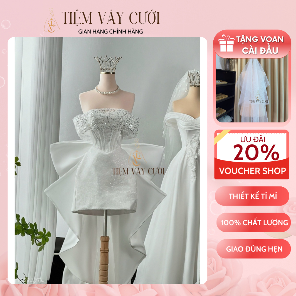 [Tặng Voan + Mút Ngực] Váy Cưới Đi Bàn, Đầm Cưới Ngắn, Cúp Ngực, Phối Ren Đính Kim Sa Phối Nơ, TVC18