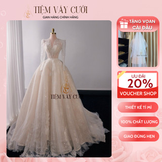 Váy Cưới Cô Dâu 💖Tặng Voan Cài Đầu💖 Đầm Cưới Đi Tiệc, Dài Tay Phối Vải Ren Lưới Hoa, Cổ Tim, TVC192