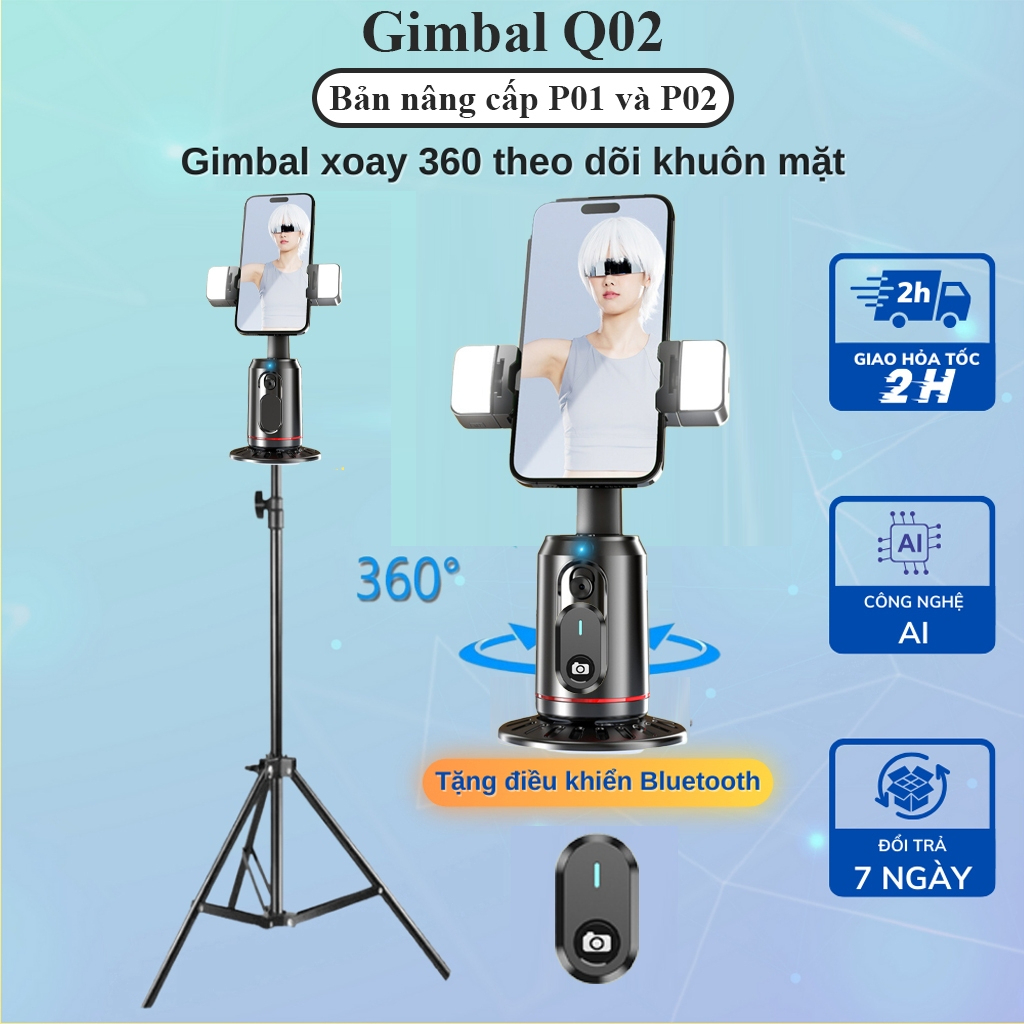 Gimbal AI bản cao cấp Q02 full phụ kiện xoay 360 độ, tích hợp đèn trợ sáng, Điều khiển từ xa