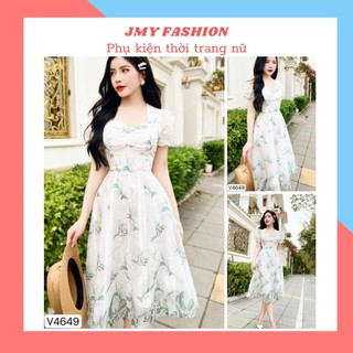 V4649 Váy voan trắng hoa nhí cổ tim dáng xòe đi biển [Dolce Viva Colection (DVC)] đầm voan hoa nhí tay bồng nữ tính