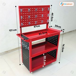 Xe đẩy dụng cụ 3 tầng HTD-10, Kệ đồ nghề sửa chữa chuyên dụng, Có bảng dụng cụ, tặng kèm 20 móc treo chịu tải 150kg