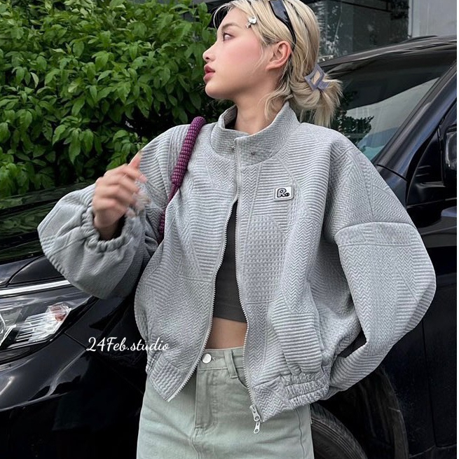 Áo khoác nỉ croptop khóa hai đầu phong cách ulzzang Hàn Quốc 24Feb.Studio KAH04