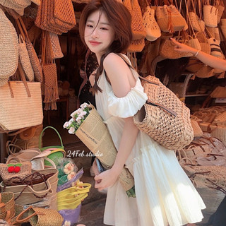 Váy babydoll nữ vải đũi gân cổ yếm khoét vai phong cách Hàn Quốc 24Febstudio VN38