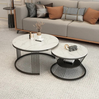 Bàn trà đôi bàn Sofa phòng khách, bàn đôi tròn mặt đá ceramic chân sắt phun sơn tĩnh điện BTS001