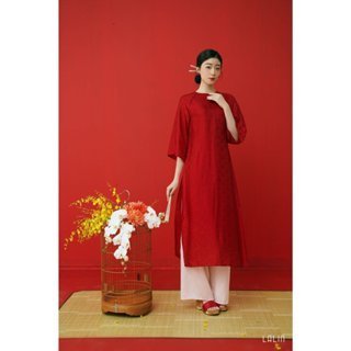 Aó dài đỏ gấm tơ xuông dáng xưa tay loe đính cúc bọc đi chơi đi tiệc duyên dáng thướt tha - áo dài an