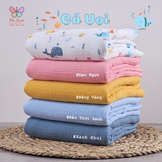 Vải Xô Muslin 2 lớp Siêu Mềm Họa tiết Cá Voi may khăn chăn cho bé