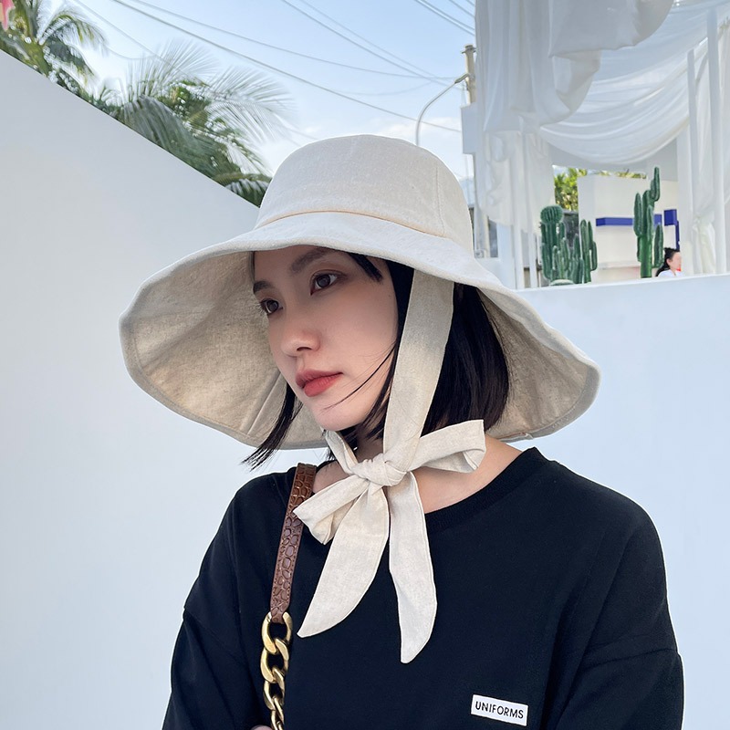 Nón bucket tai bèo nữ mũ rộng vành chống nắng Mũ đi biển vành lớn đi biển đi du lịch chất cotton linen dây đai nơ