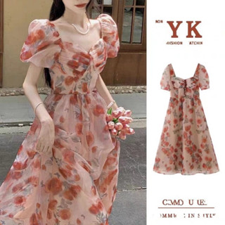 (QC loại 1) Đầm váy voan hoa hồng dáng dài tay phồng xếp ly ngực Váy đi tiệc Váy đi đám cưới