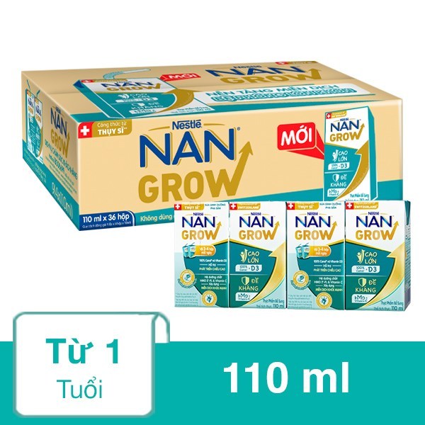 Thùng sữa bột pha sẵn Nestlé Nan Grow 110ml / 180ml sữa mát công thức từ Thụy Sĩ 100% Canxi giúp bé cao lớn vượt trội