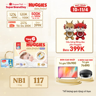 Miếng lót sơ sinh Huggies Skin Perfect NB1 108+9 miếng với 2 vùng thấm giảm kích ứng da