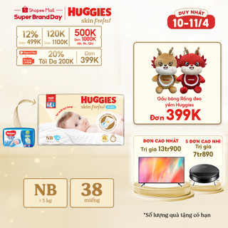 Tã/bỉm dán sơ sinh Huggies Skin Perfect NB 38 miếng với 2 vùng thấm giảm kích ứng da