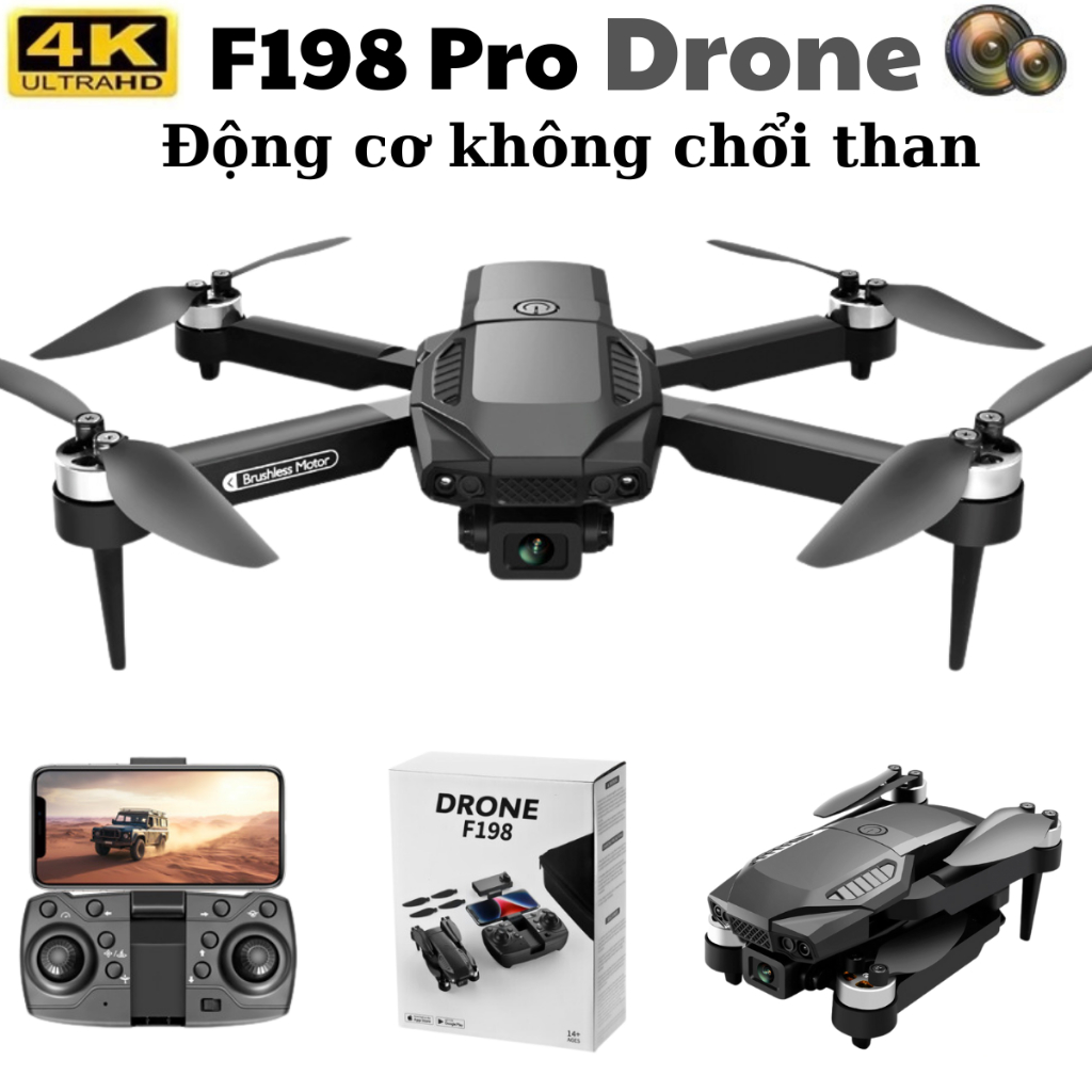 Flycam Dành Cho Người Mới Chơi, Máy Bay Không Người Lái Giá Rẻ, Fly Cam F198 Camera 4K Động Cơ Không Chổi Than