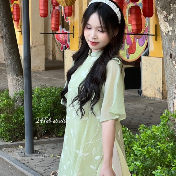 [AD02] Set áo dài cách tân thêu hoa tay lỡ kèm quần lụa (đi kèm bờm tóc) phong cách truyền thống Việt Nam
