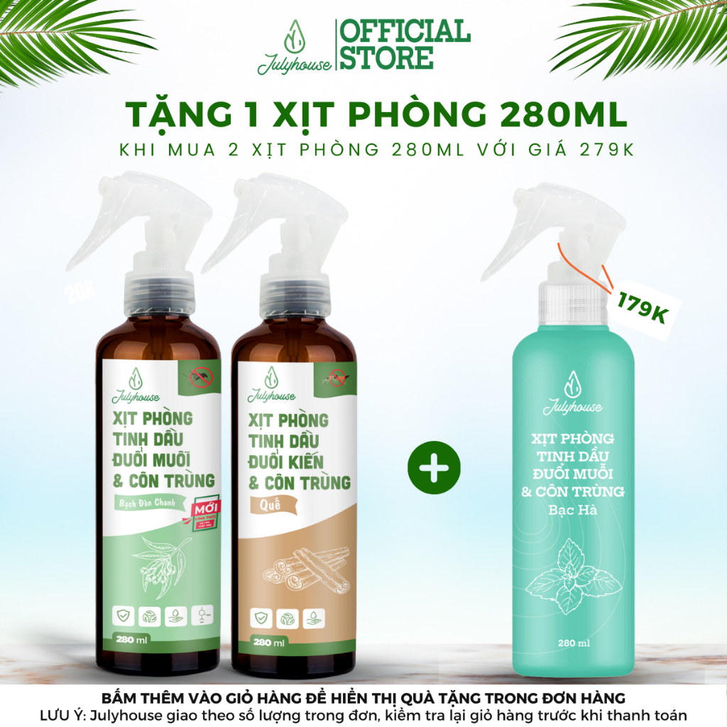 Bình Xịt Phòng Tinh Dầu Sả Chanh, Bạc Hà, Quế, Bạch Đàn Chanh Đuổi Muỗi 280ml Julyhouse Khử Mùi