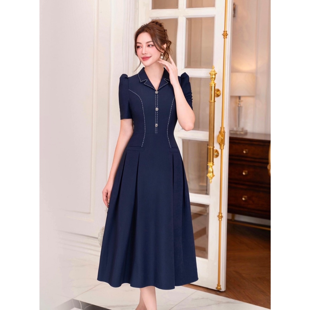 Đầm cổ vest chạy viền