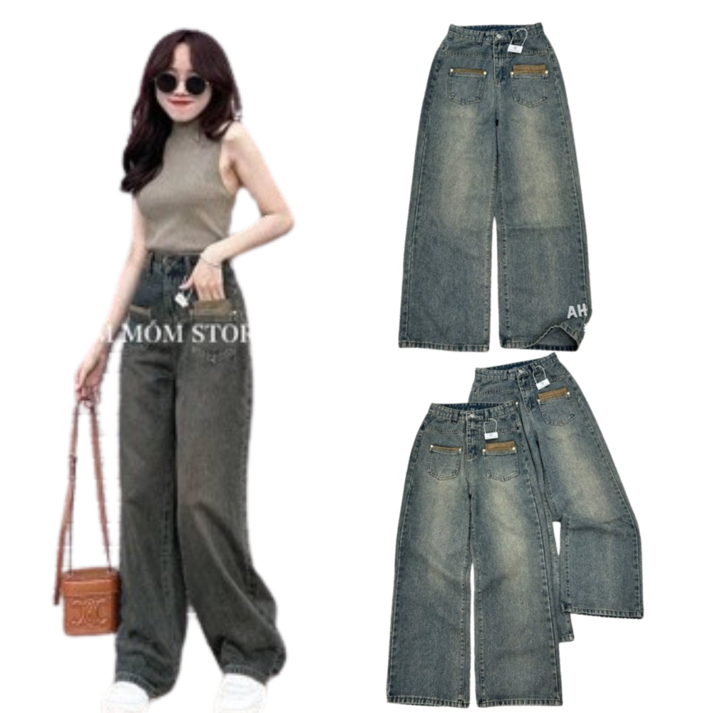 Quần jeans suông 2 túi trước vuông, quần bò suông lưng cao tôn dáng pha màu kiểu hàn quốc mã QS04