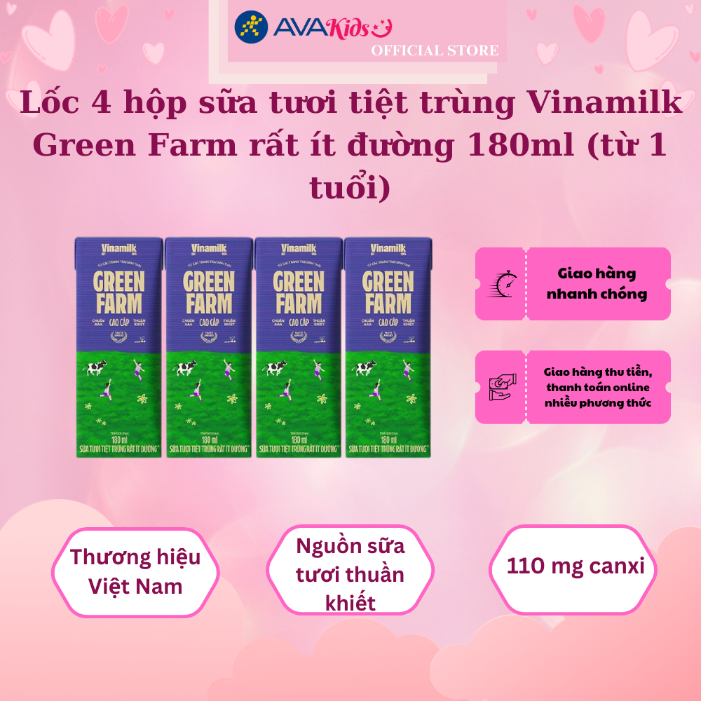 Lốc 4 hộp sữa tươi tiệt trùng Vinamilk Green Farm rất ít đường 180 ml (từ 1 tuổi)