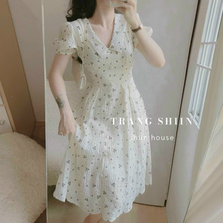 Đầm xốp hoa thời trang cổ V nút bọc dáng xoè, váy có lót và có túi