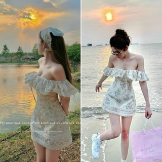 Đầm hoa trễ vai bèo xô ren kèm băng đô