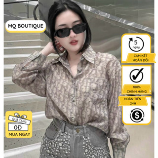 Áo sơ mi nữ tơ mềm dài tay cao cấp công sở họa tiết chữ to nhỏ nền ghi , áo sơ mi họa tiết thiết kế MQ Boutique
