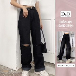 Quần Ống Rộng Bigsize 58-85kg Lưng Cao Tôn Dáng Đen Trơn/ Rách 2 Gối Quần Jean Nữ DO