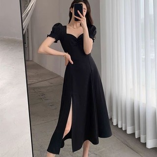 Váy midi xẻ vạt cổ vuông nhún ngực tay bồng xuất Hàn (có sẵn)