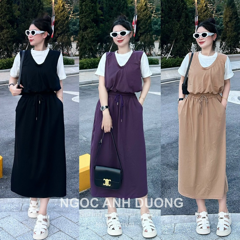 Sét áo phông trắng mix gile bo chun + chân váy dài basic (sale)