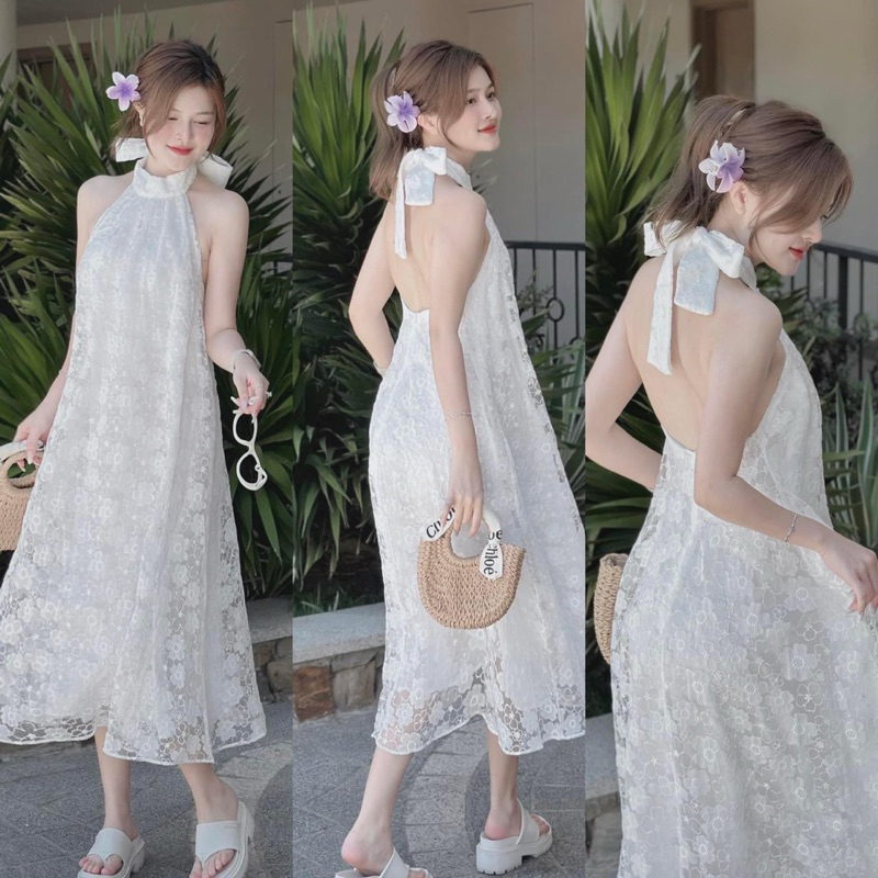 ĐẦM MAXI REN TRẮNG CỔ YẾM
