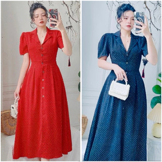 Đầm bi cổ sơ mi dáng xoè 2 màu vnxk, váy công sở (kèm hình thật)