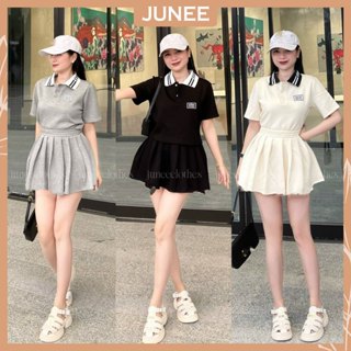 Set Bộ Đồ Nữ MIUMIU Cổ Bẻ Phối Kẻ Logo Ngực Mix Chân Váy Xếp Ly Cạp Chun Dáng Freesize