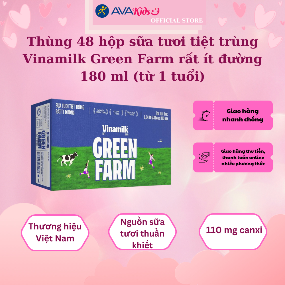 Thùng 48 hộp sữa tươi tiệt trùng Vinamilk Green Farm rất ít đường 180 ml (từ 1 tuổi)