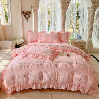 Bộ chăn ga gối cotton đũi dúm bánh bèo tiểu thư hàng nhập khẩu cao cấp 4 món