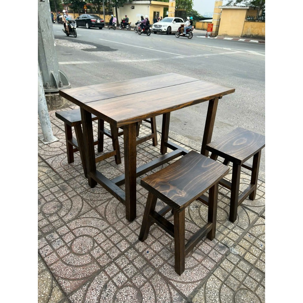 Bàn ghế quán ăn gỗ thông mỹ, bàn 75x 1m2 + 2 ghế đơn + 1 ghế đôi
