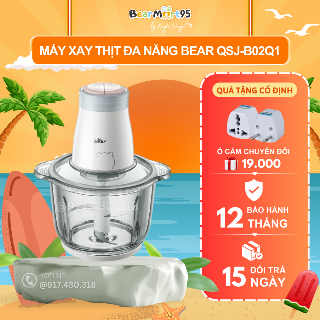 Máy Xay Thịt Đa Năng Bear QSJ-B02Q1 Gồm 4 Lưỡi Kép  2L Xay Thịt Rau Củ Quả  Tiện Lợi