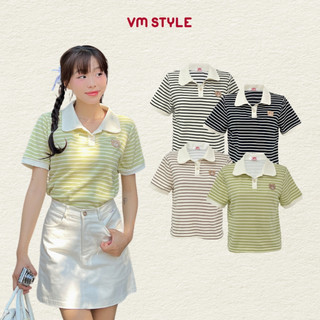 Áo thun polo nữ VMSTYLE form rộng tay ngắn cổ bẻ sọc ngang thêu gấu basic đi học, đi chơi ATU00775