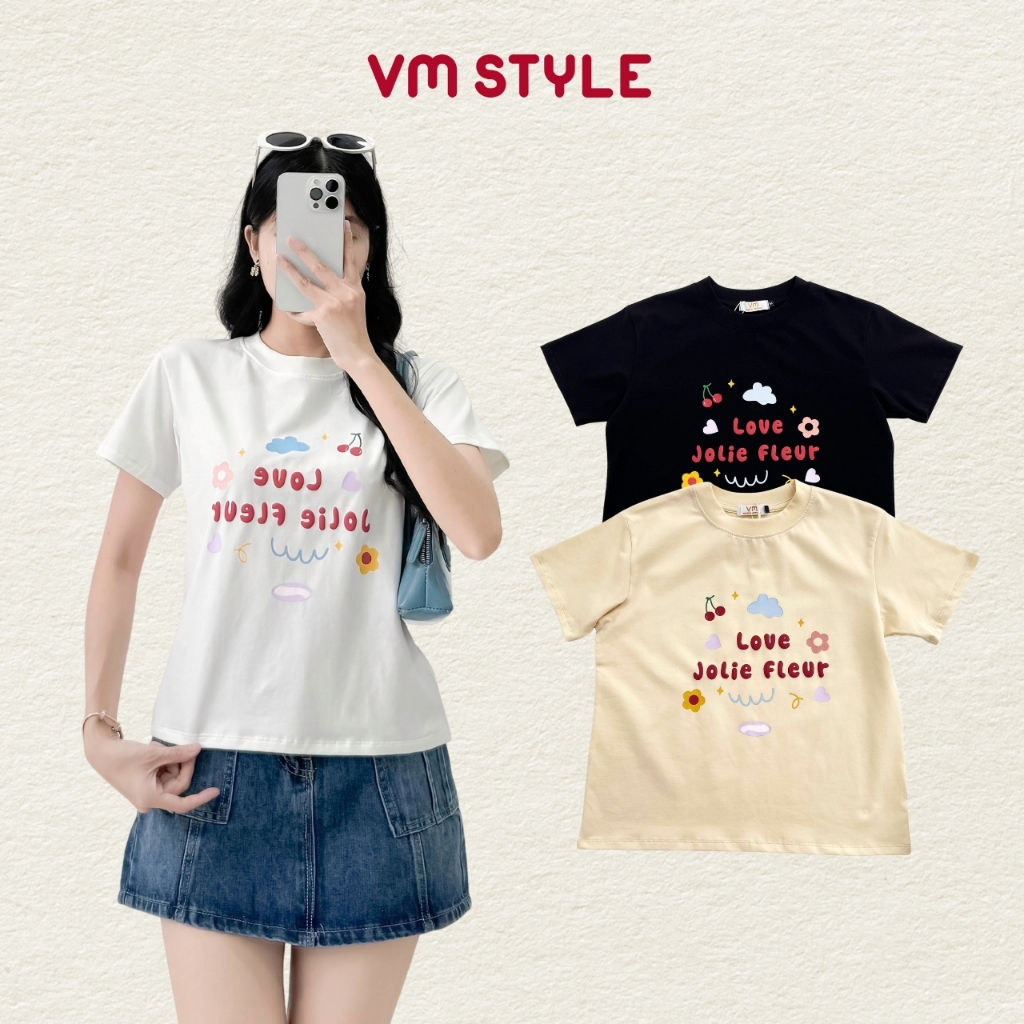 Áo thun babytee nữ VMSTYLE tay ngắn cổ tròn in chữ JOLIE FLEUR và họa tiết dễ thương đi học, đi chơi 37246 - ATU00638