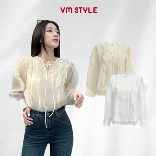 Áo voan kiểu nữ VMSTYLE tay dài cổ V cột nơ bèo nhún 2 lớp nhẹ nhàng, đi làm, đi chơi ASU00448
