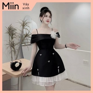 Váy tapta 2 dây trễ vai ly cài hoa chân tơ tầng