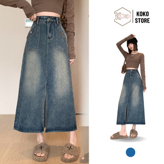 Chân váy jean nữ dáng dài xẻ tà trước, chân váy bò xanh hot trend 2024 KoKo CVD56