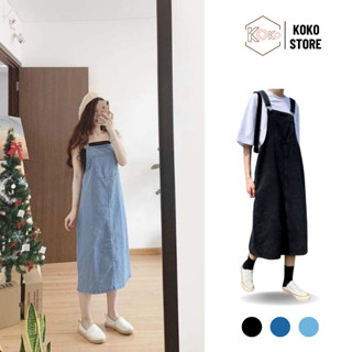 Đầm yếm jean nữ dáng dài chữ A, váy yếm bò 2 dây điều chỉnh form rộng KoKo Y-02