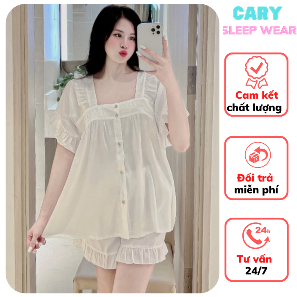 Bộ ngủ pijama tiểu thư cổ vuông bộ đồ ngủ pijama nữ tay ngắn quần đùi phối bèo mặc nhà dễ thương CARY