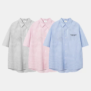Áo Sơ Mi Nam Nữ Kẻ Xanh In Logo Teelab Ngắn Tay Form Rộng Unisex Vải Cotton Lụa Cao Cấp Sơ Mi Tay Ngắn Kẻ Thời Trang