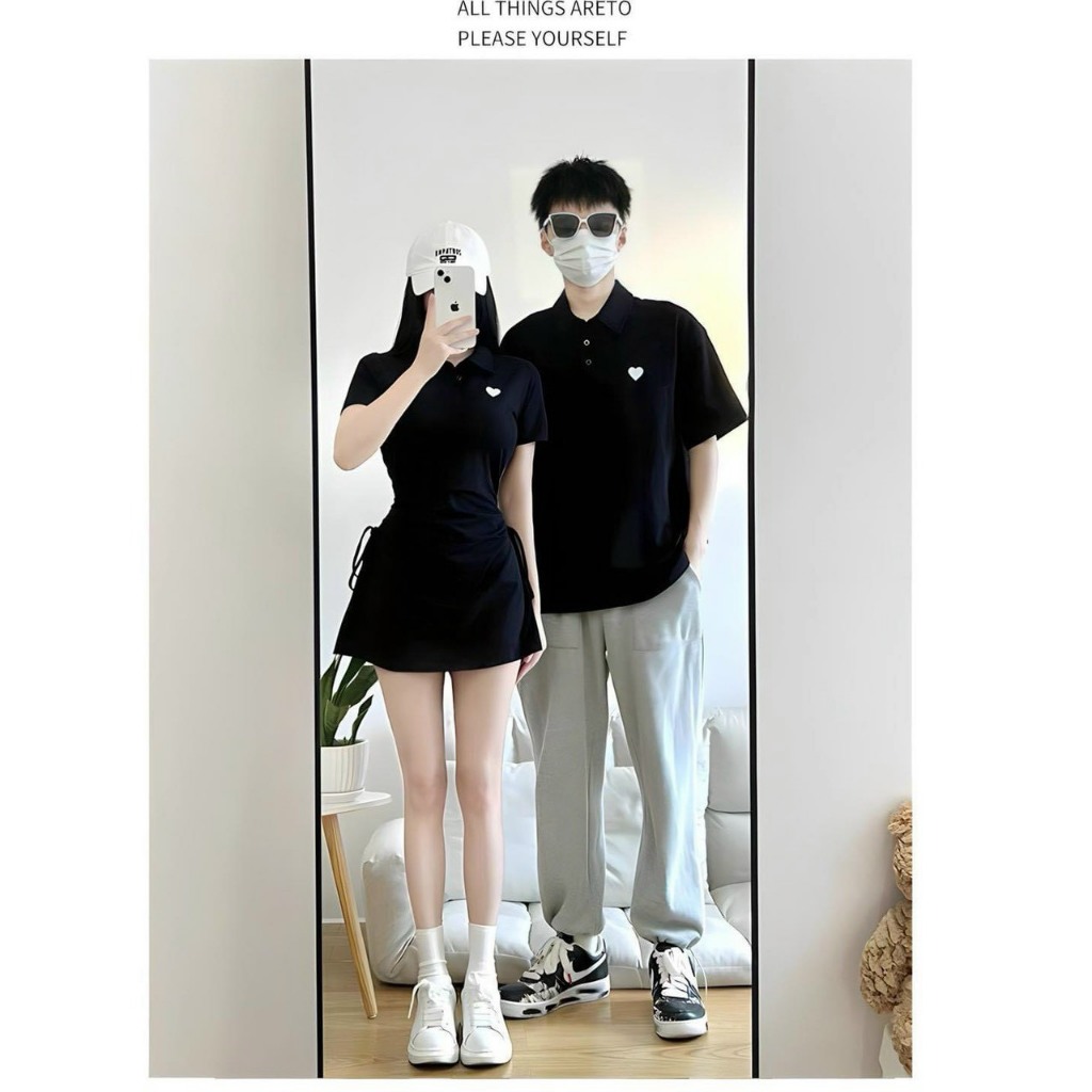 Đồ cạp đồ couple nam nữ siêu xinh đầm váy nữ body rút eo cùng áo polo nam thêu siêu basic cho cặp đôi yêu đương