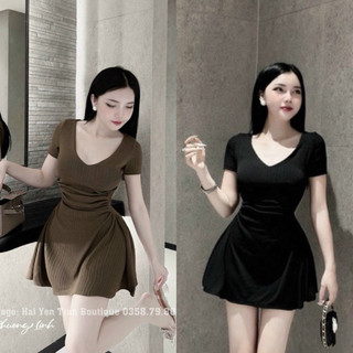 Set đầm cổ v tay ngắn nhún eo kèm quần basic