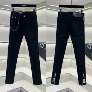 Quần jean bò nam DSQ slimfit đen trơn thêu khoá zip mở in hình đầu lâu ống phối móc dây xích QJ526P