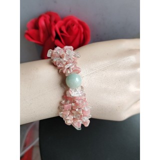 Chuỗi vòng tay đá thạch anh trắng đào hoa dạng thô tự nhiên mix 3 viên cẩm thach 13 li hàng đấu Nhật mới 99%