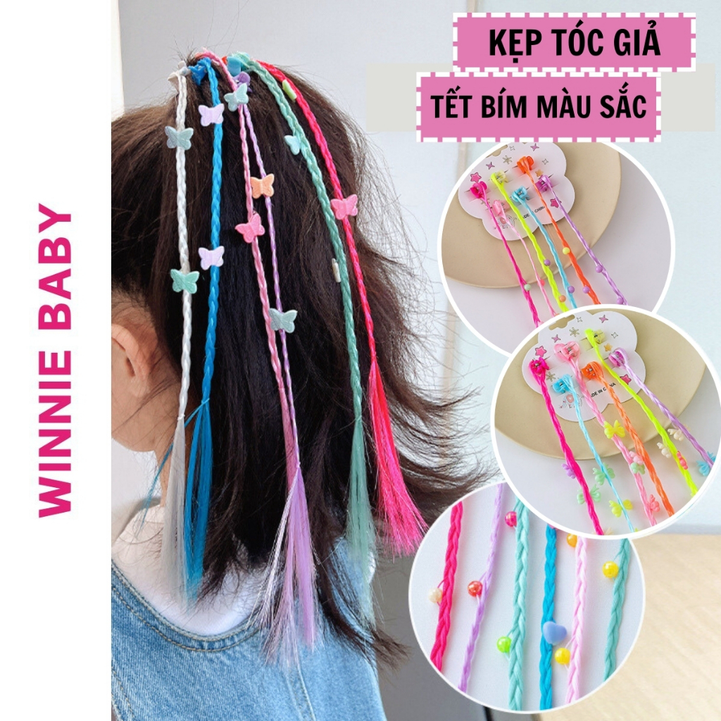 Set 6 Kẹp Tóc Phối Bím Tóc Giả, Tóc Giả Highlight Cá Tính Nhiều Màu Sắc Xinh Xắn Cho Bé Gái