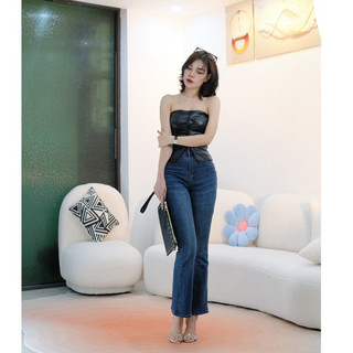 Quần jean nữ ống loe cạp cao dài 90cm, quần jean 9 tấc ống bass lưng cao